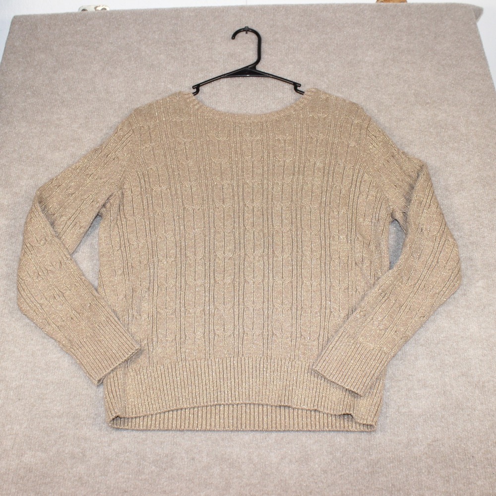 St Johns Bay Petite Large Tan Gold Metallic Cable Knit Sweater Crew Neck Lurex